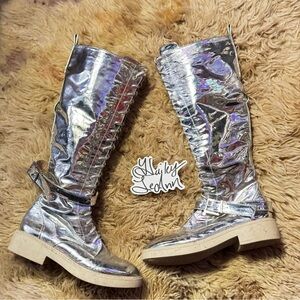 Knee-high silver rave boots